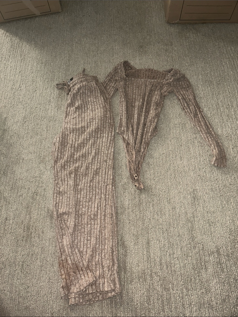 Ribbed Square-Neck Bodysuit & Pant Set - Taupe